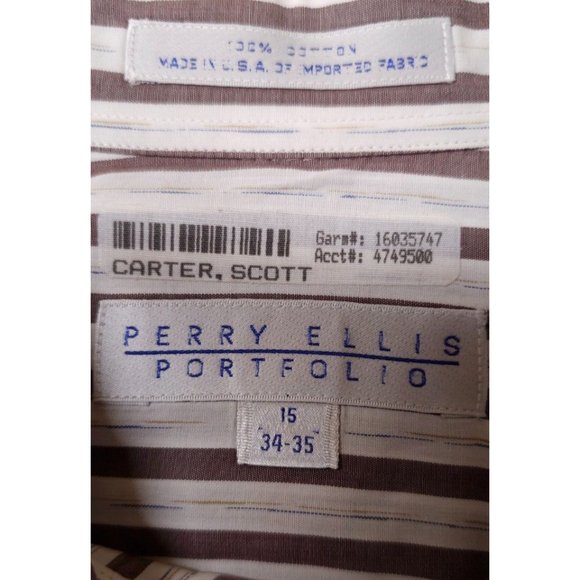 Perry Ellis Portfolio 15-34/35 Brown Striped Long Sleeve Button Up Shirt USA - Picture 10 of 12